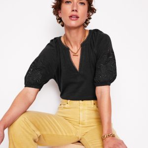 Cutwork Notch Neck Top-Black