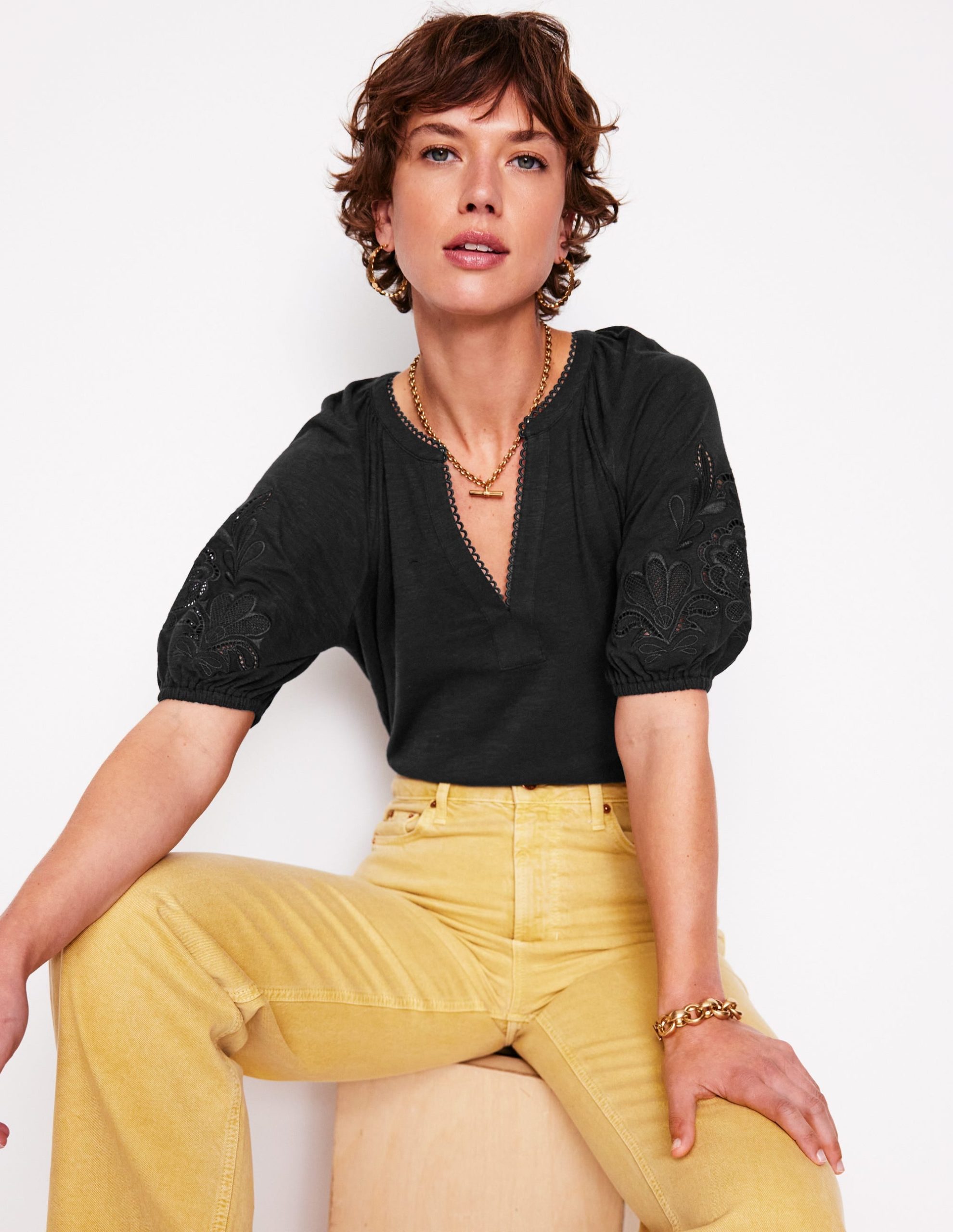 Cutwork Notch Neck Top-Black