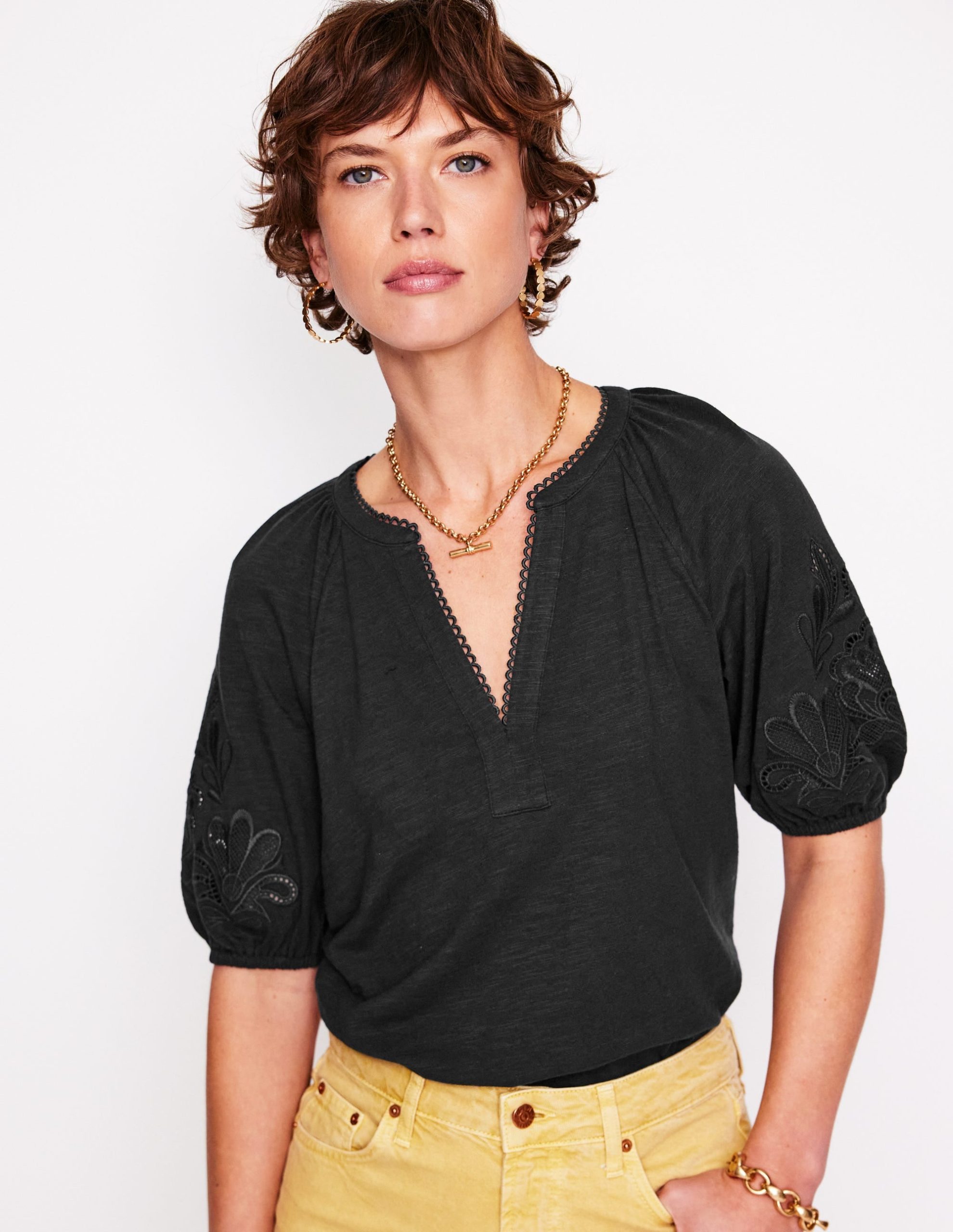 Cutwork Notch Neck Top-Black - Image 4