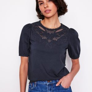 Cutwork Puff Sleeve T-Shirt-Navy