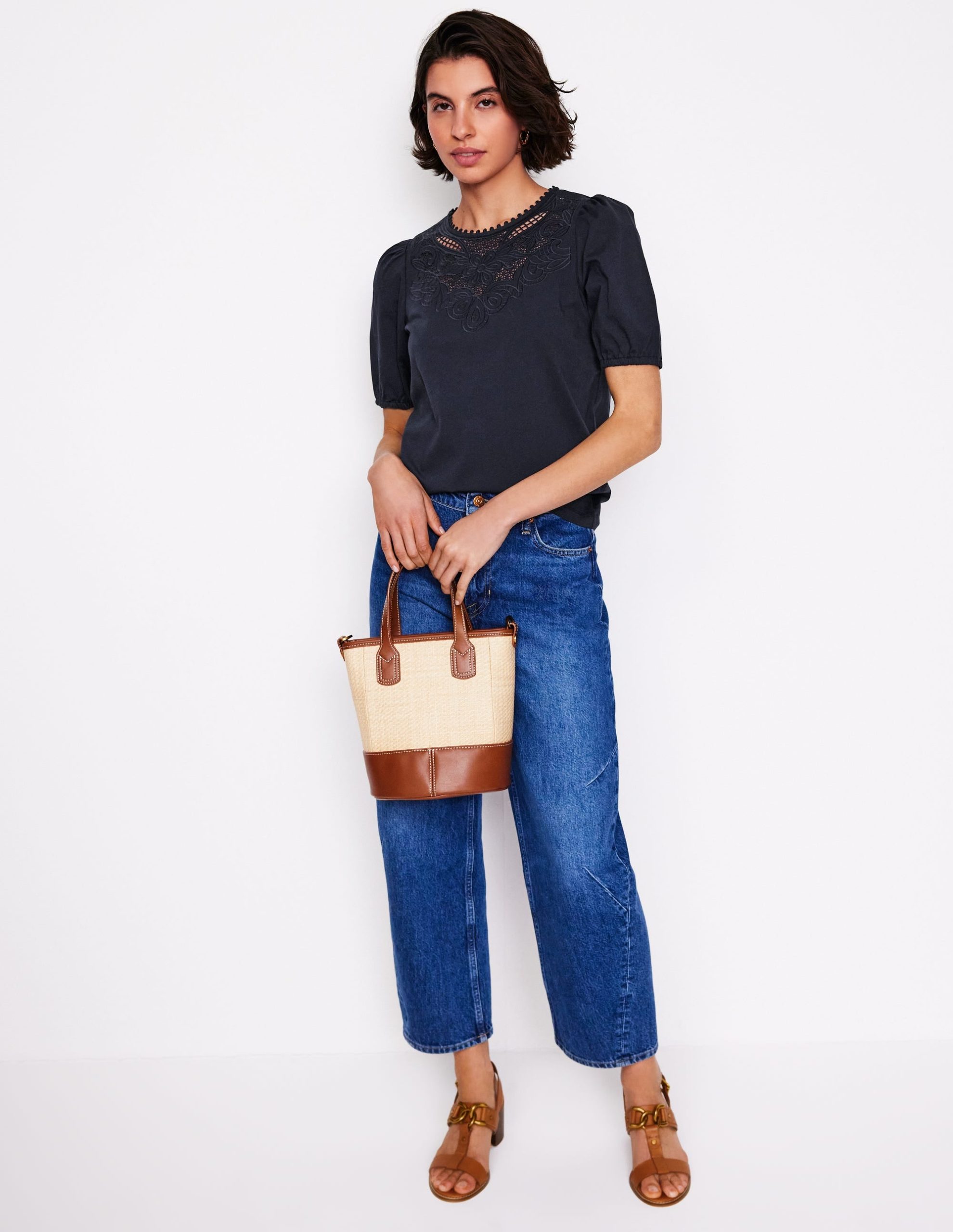 Cutwork Puff Sleeve T-Shirt-Navy - Image 4