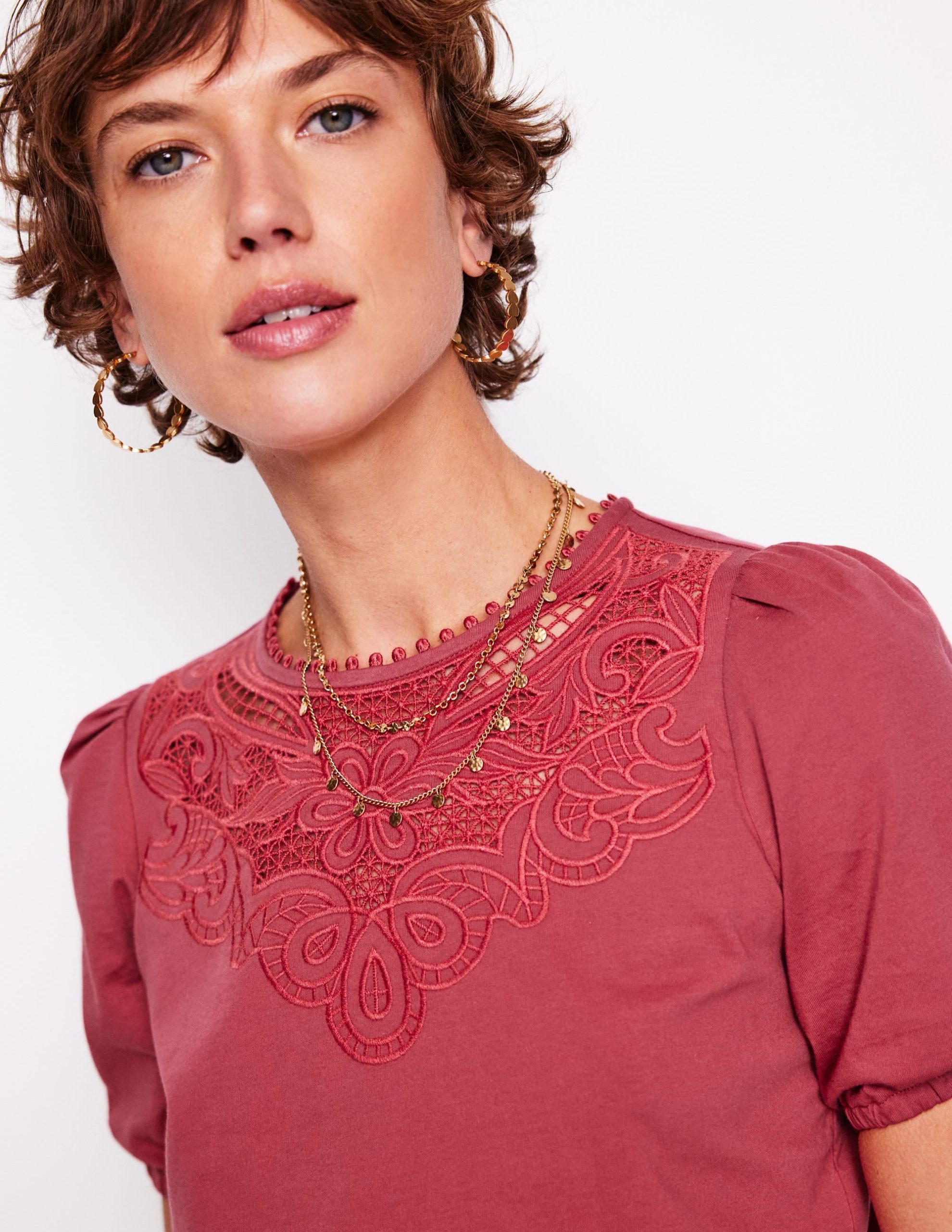 Cutwork Puff Sleeve T-Shirt-Teracotta - Image 2