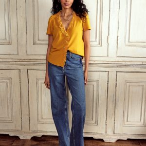 Broderie V-Neck Top-Golden Rye