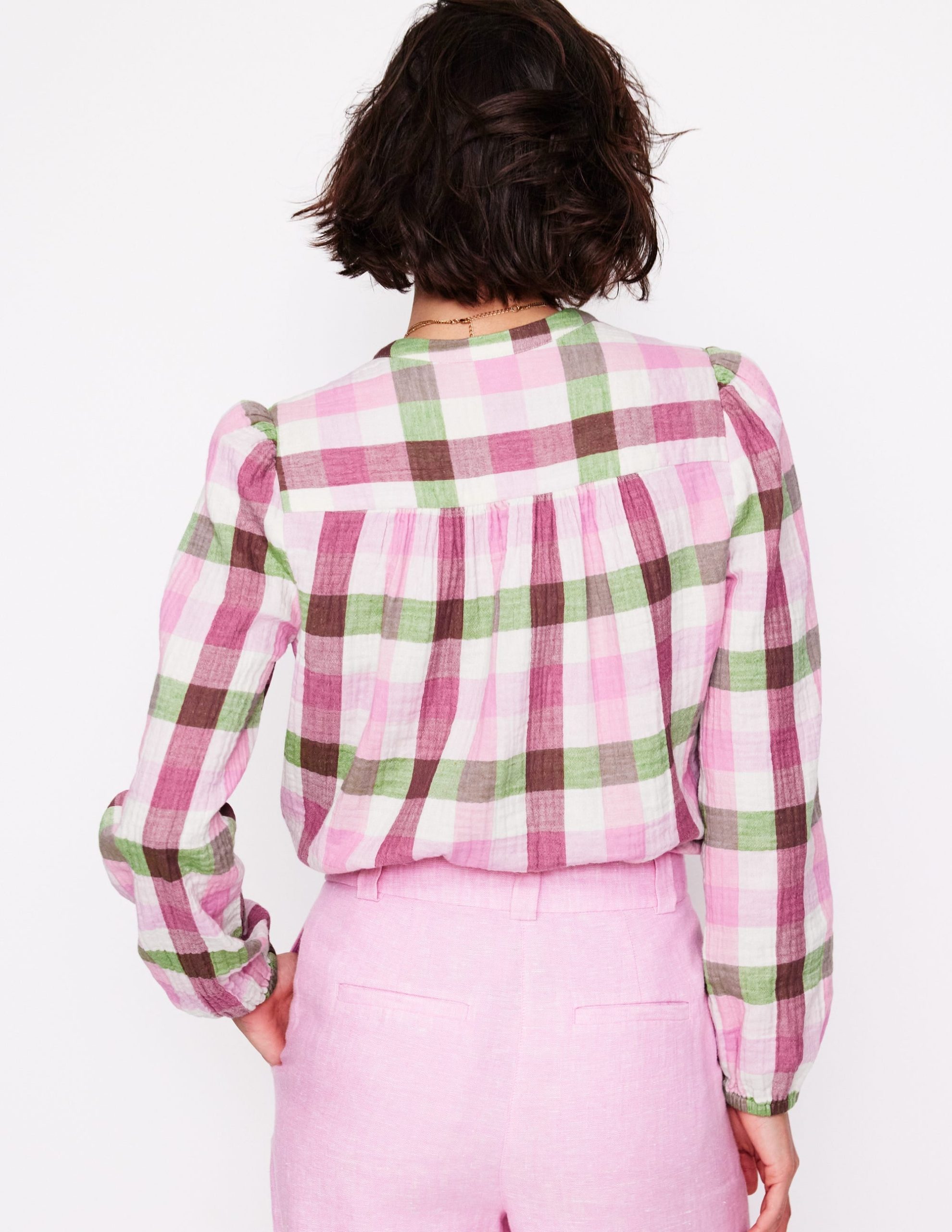 Gingham Double Cloth Top-Pink and Green Gingham - Image 3