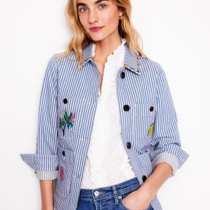 Embroidered Utility Jacket-Forget me not Blue Fine Stripe