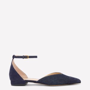 Pointed Toe Cap Flats-Navy Suede/Denim
