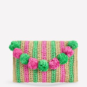 Fringe Raffia Clutch-Pink/Green