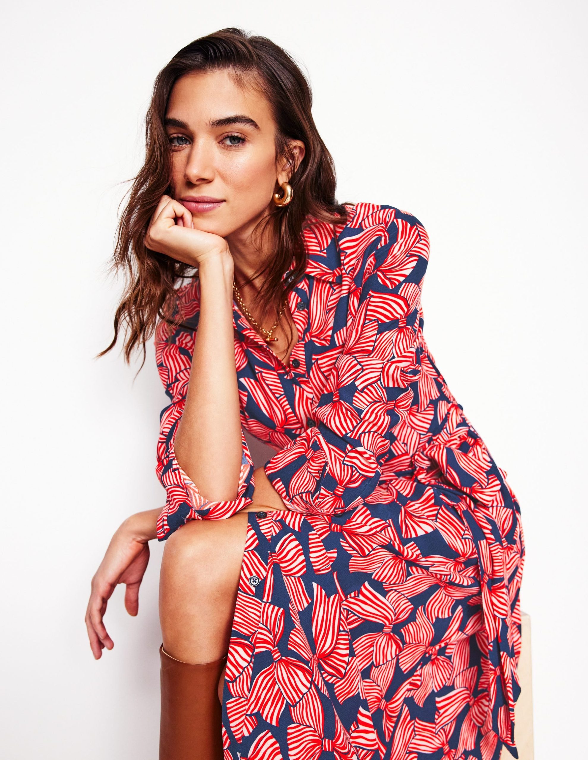 Kate Midi Shirt Dress-French Navy. Bow Scatter