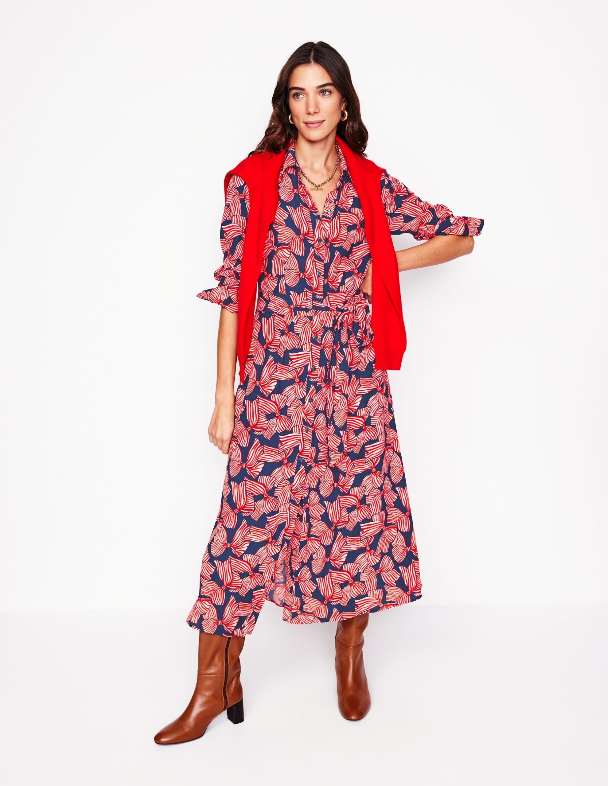 Kate Midi Shirt Dress-French Navy. Bow Scatter - Image 4