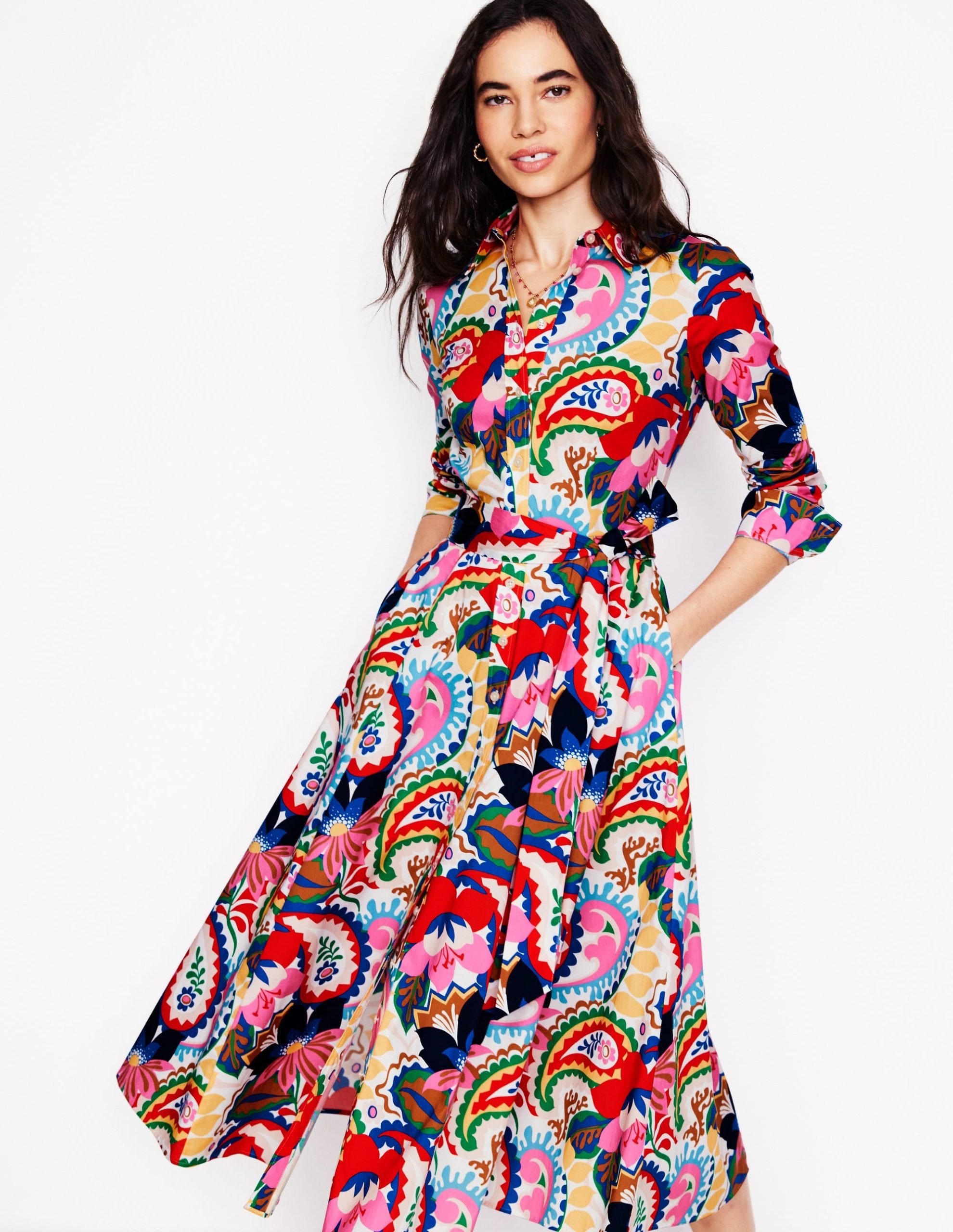 Amy Cotton Midi Shirt Dress-Ivory. Botanical Paisley