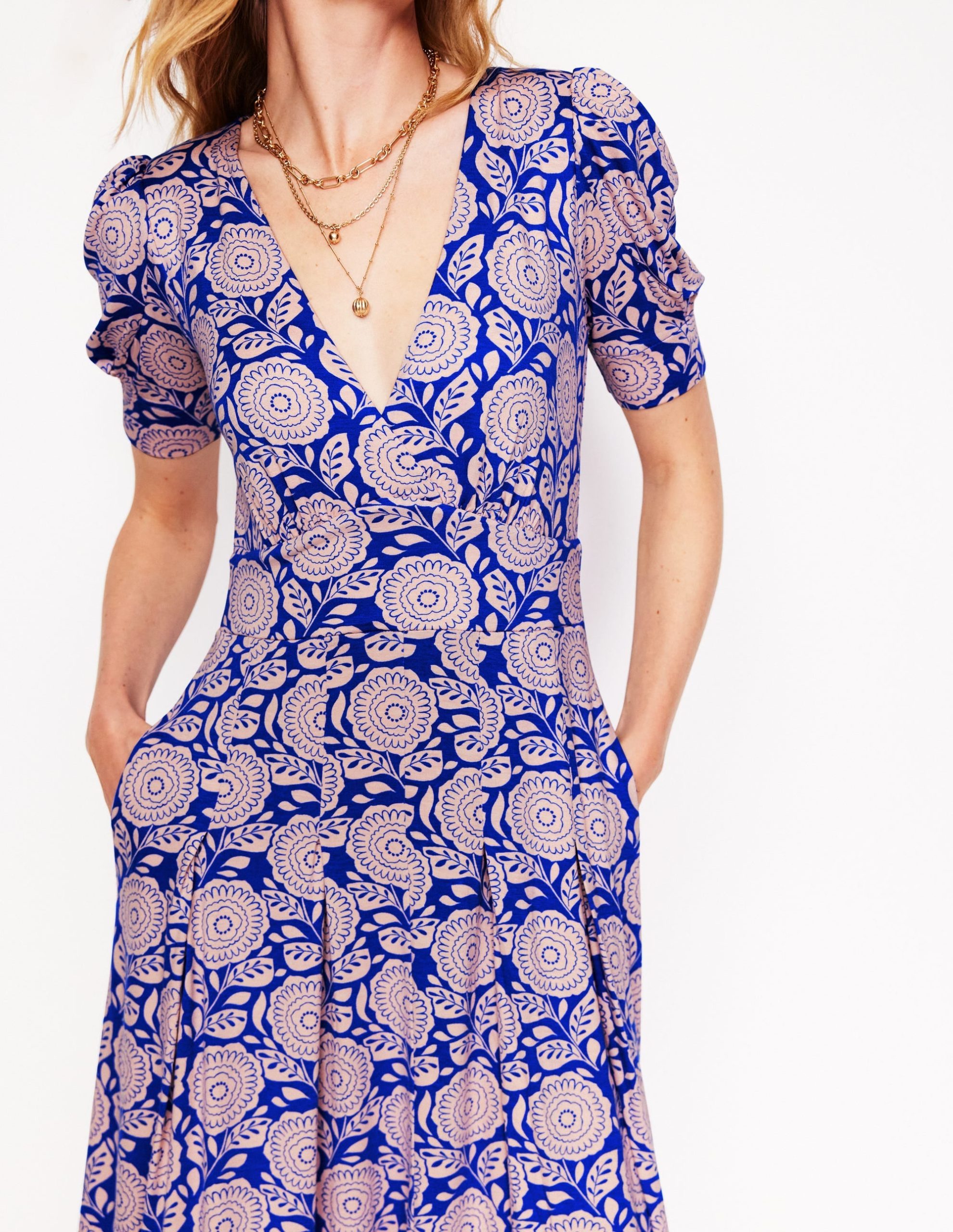 Kristen Pleated Jersey Dress-Chintz Rose. Dahlia Stamp - Image 3