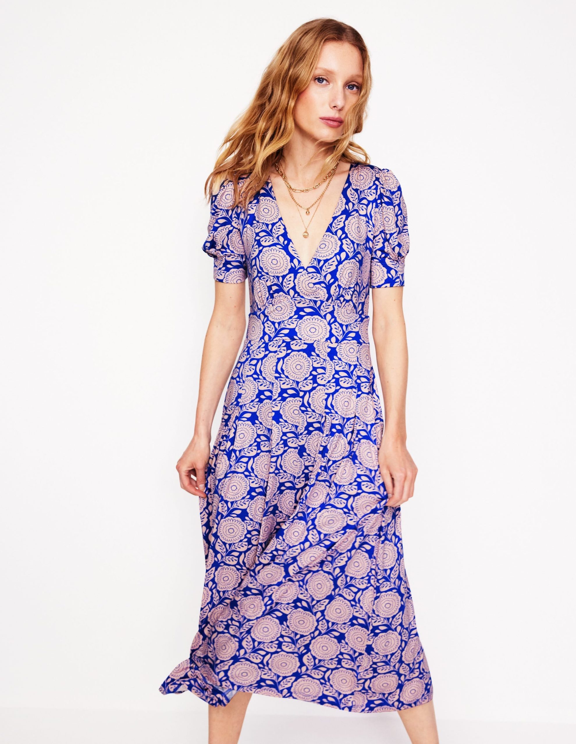 Kristen Pleated Jersey Dress-Chintz Rose. Dahlia Stamp - Image 5