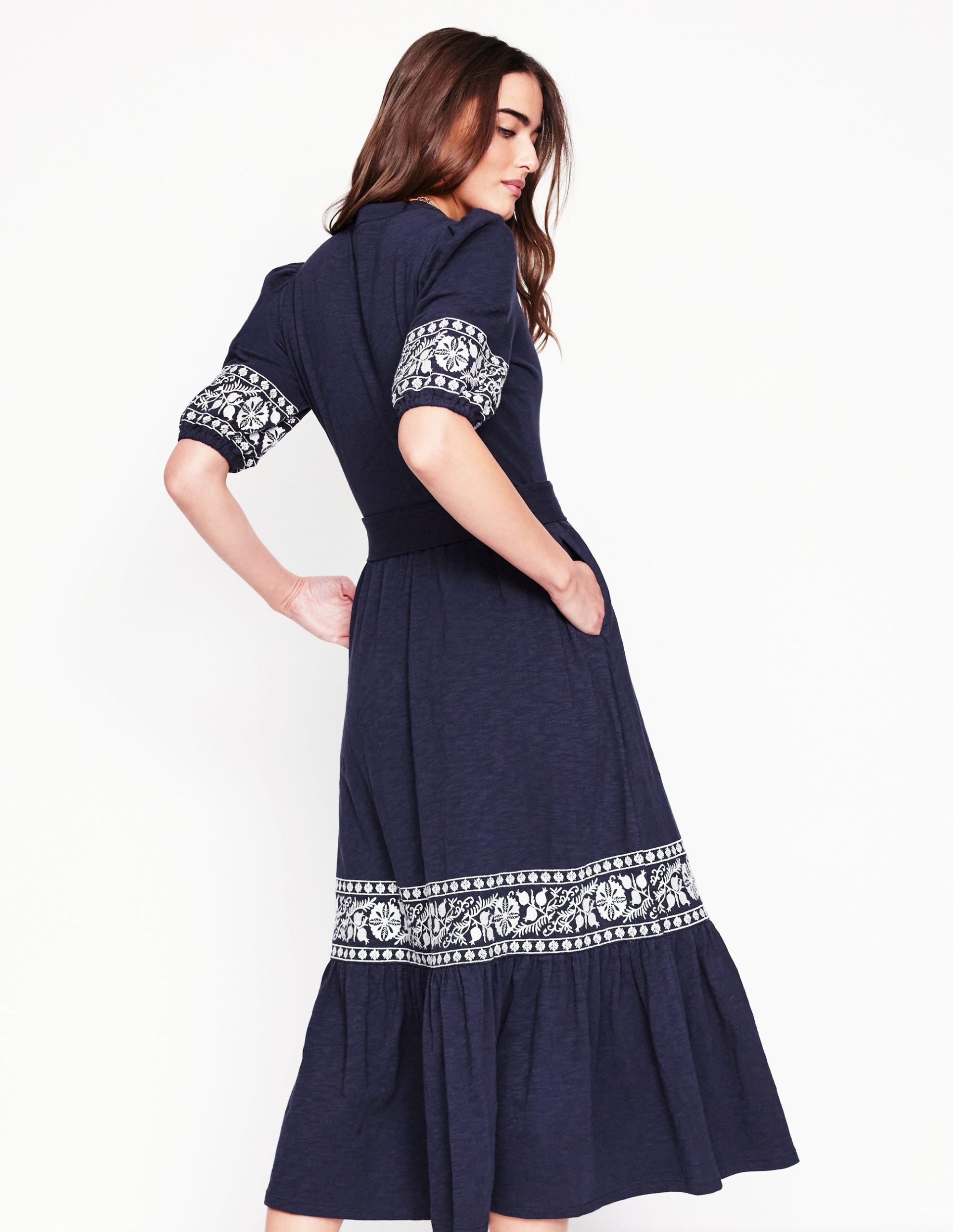 Amara Embroidered Jersey Dress-Navy Embroidery - Image 3