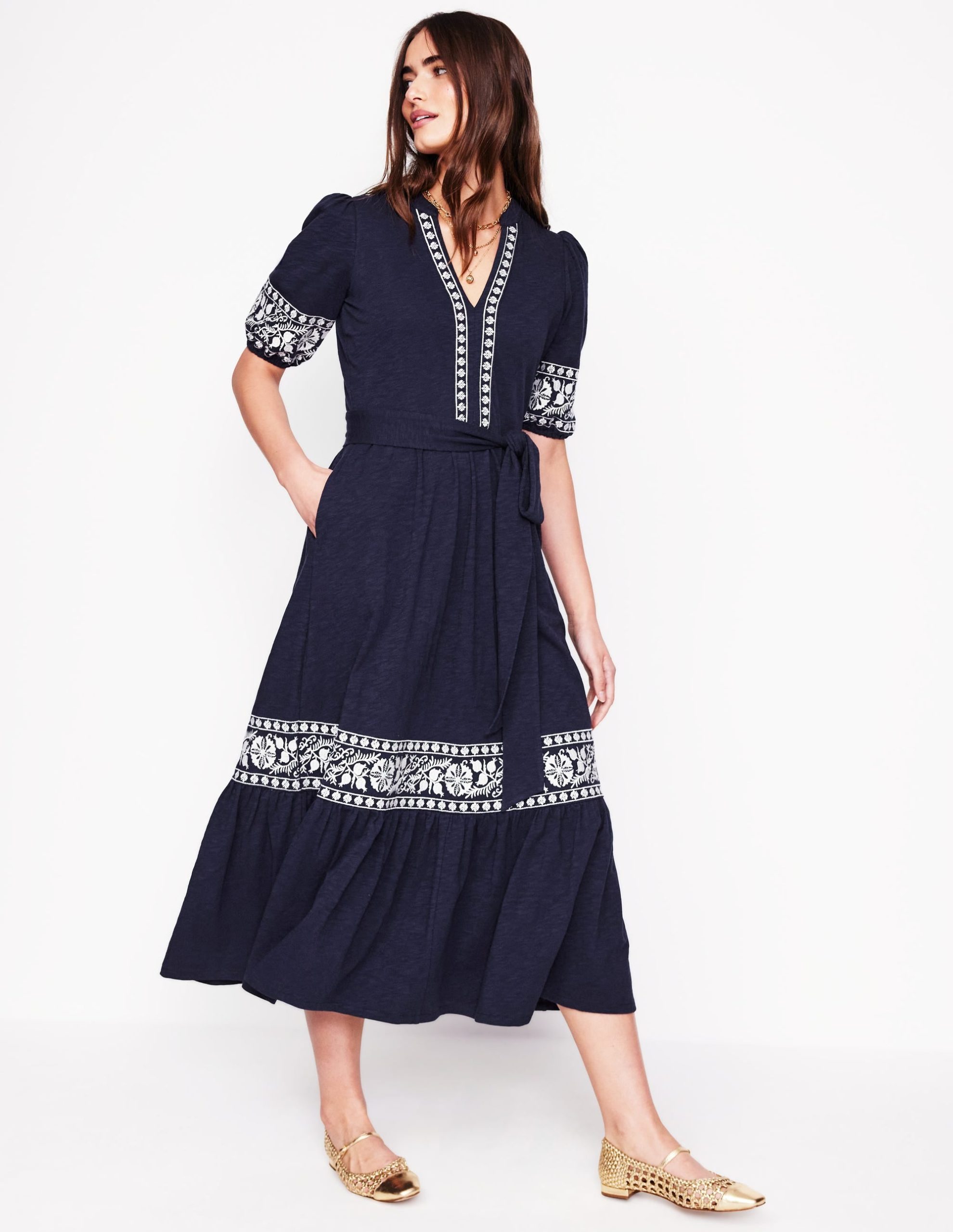 Amara Embroidered Jersey Dress-Navy Embroidery - Image 4