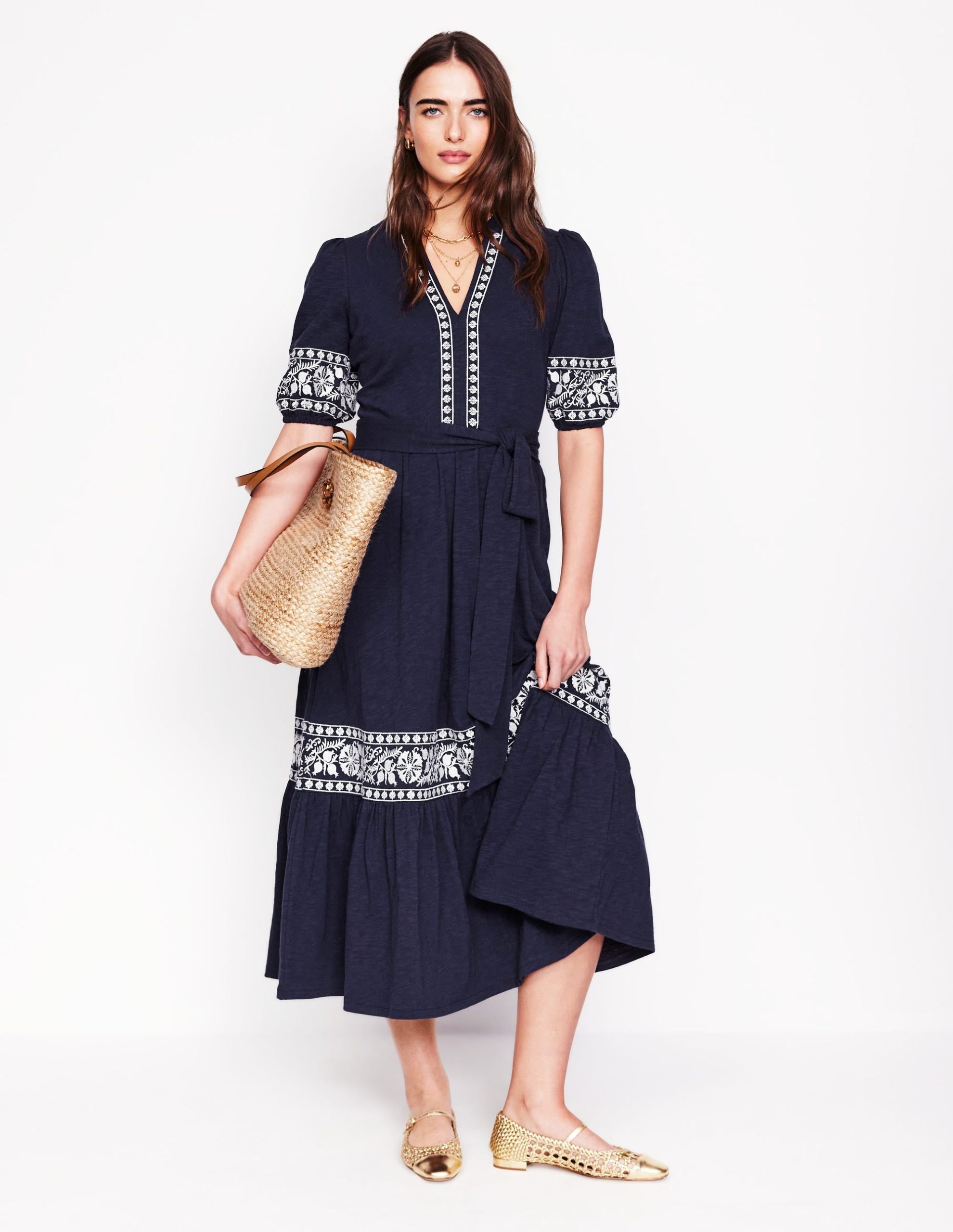 Amara Embroidered Jersey Dress-Navy Embroidery - Image 5