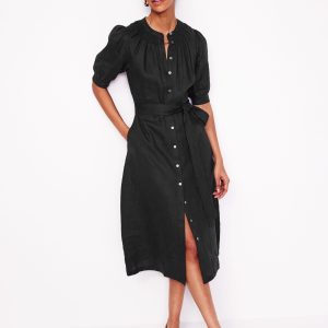 Ada Linen Midi Dress-Black