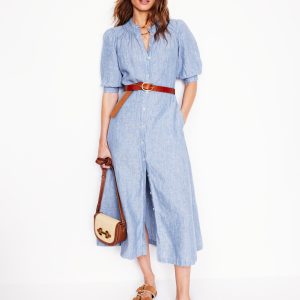 Ada Linen Midi Dress-Grey Blue Chambray