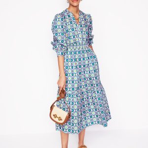 Elena Tiered Cotton Midi Dress-Multi. Floweret Tile