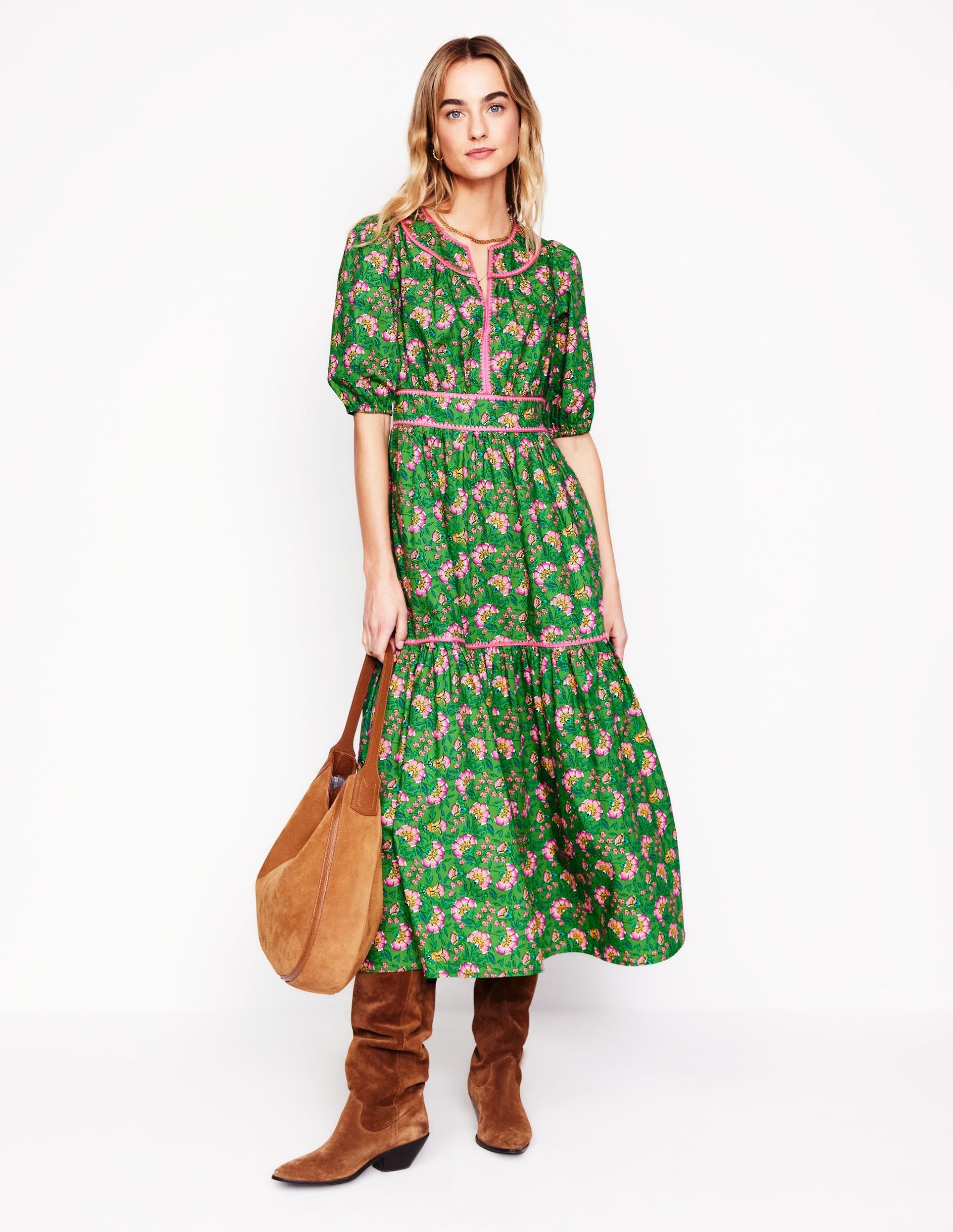 Rhea Embroidered Midi Dress-Green. Decorative Vine