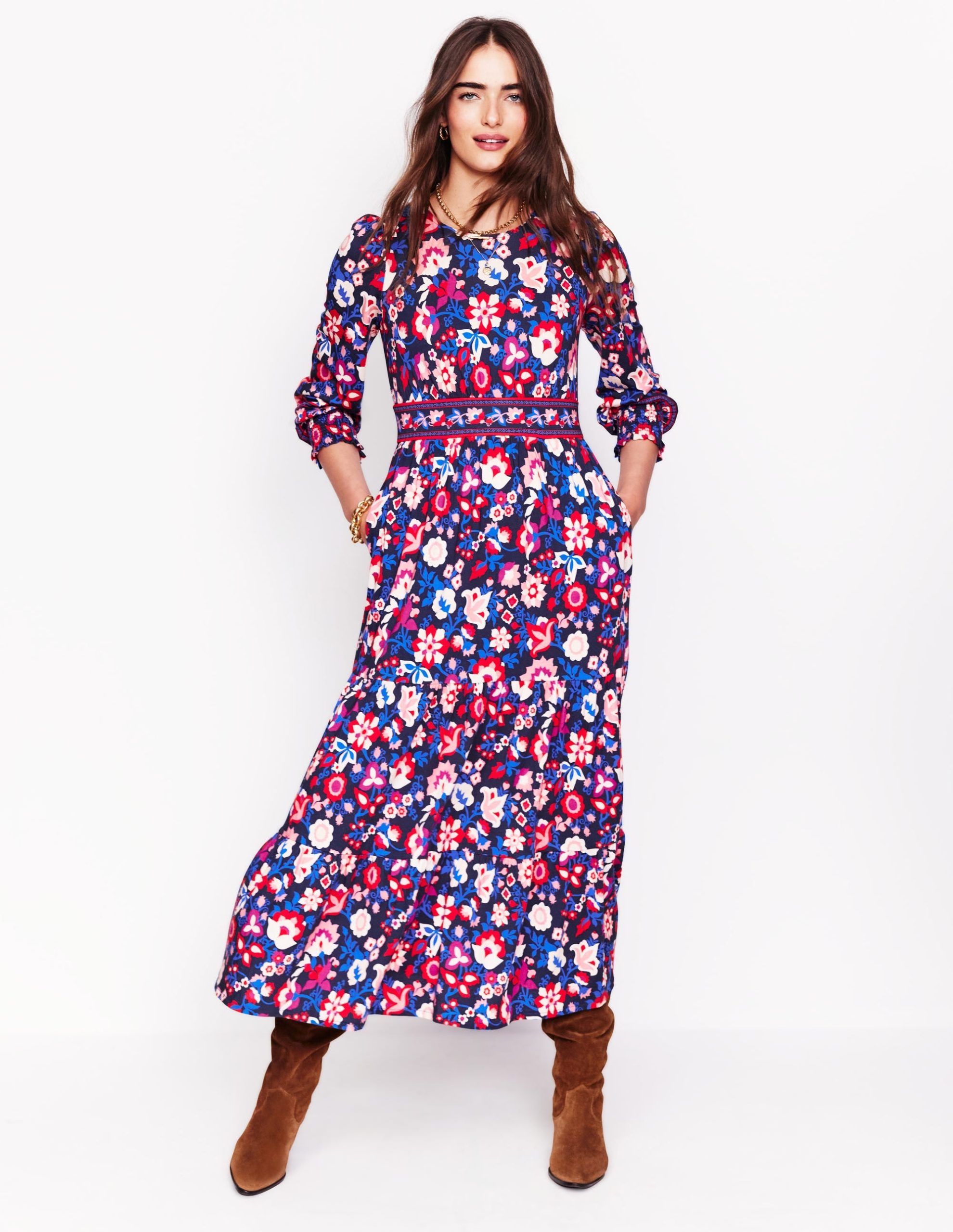 Tabitha Tiered Jersey Dress-College Navy. Garden Vine