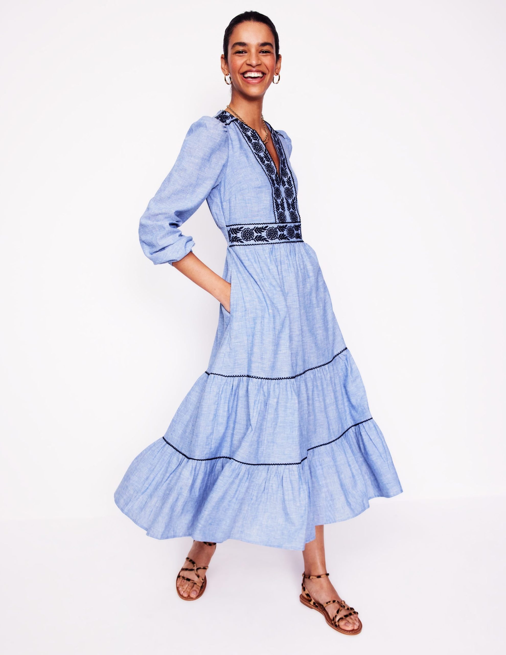 Violet Linen Blend Midi Dress-Chambray