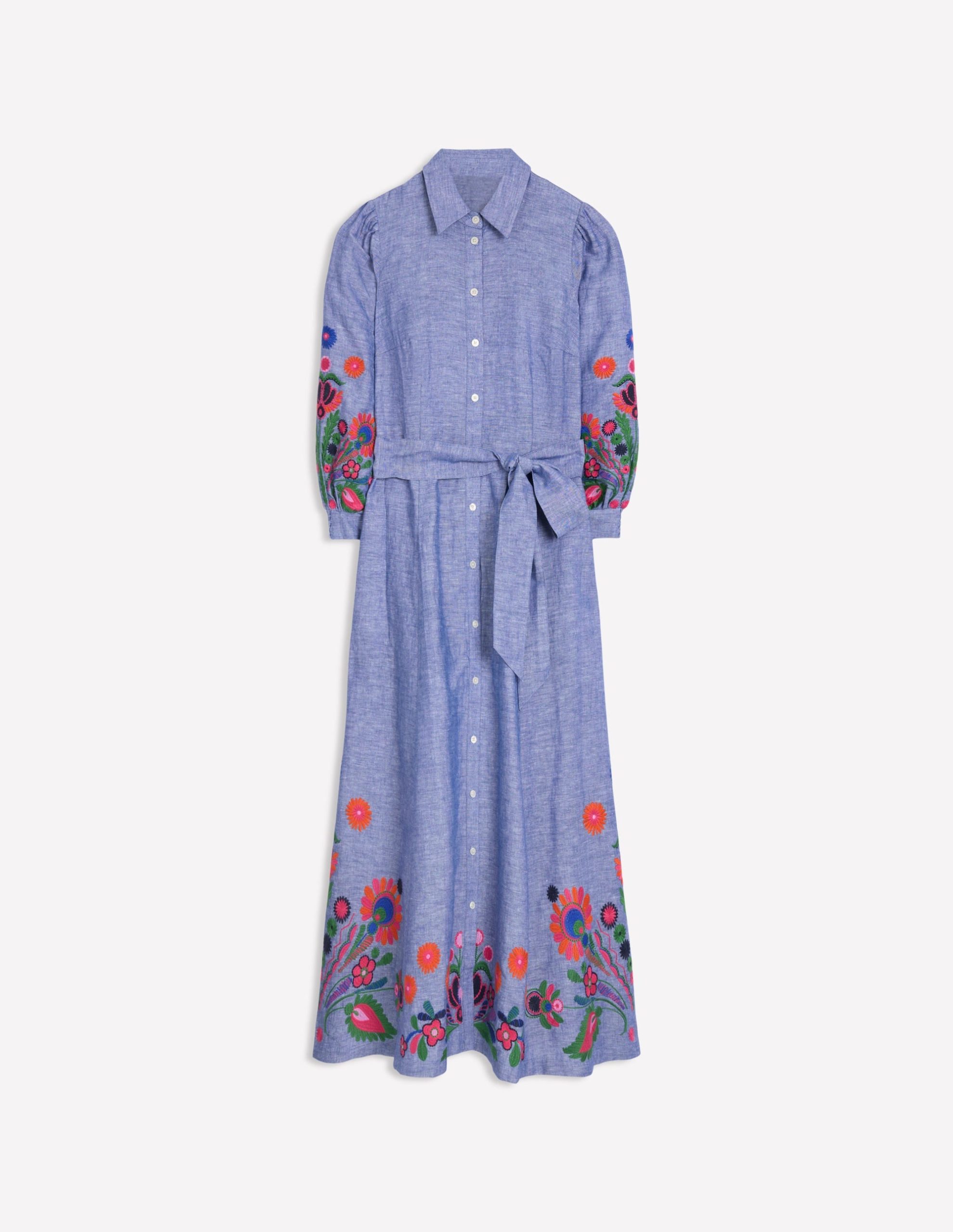 Clara Linen Blend Shirt Dress-Blue Chambray. Embroidered - Image 7