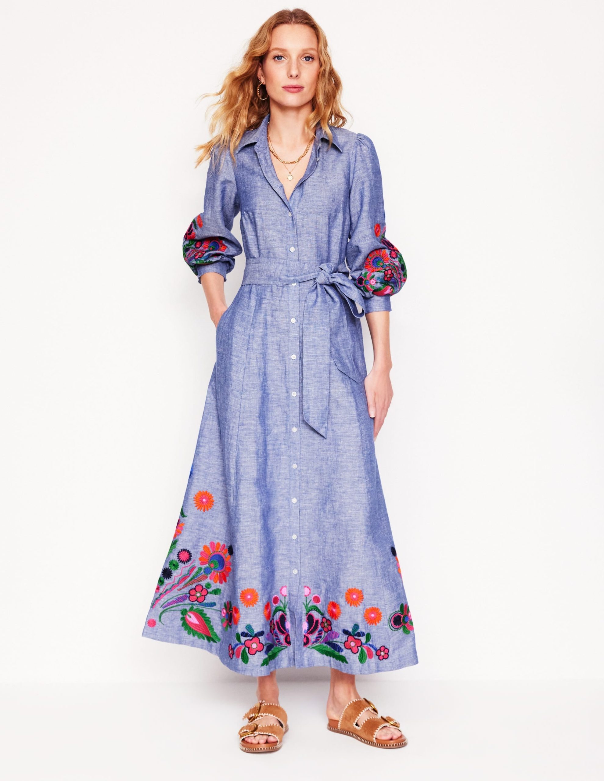 Clara Linen Blend Shirt Dress-Blue Chambray. Embroidered - Image 5