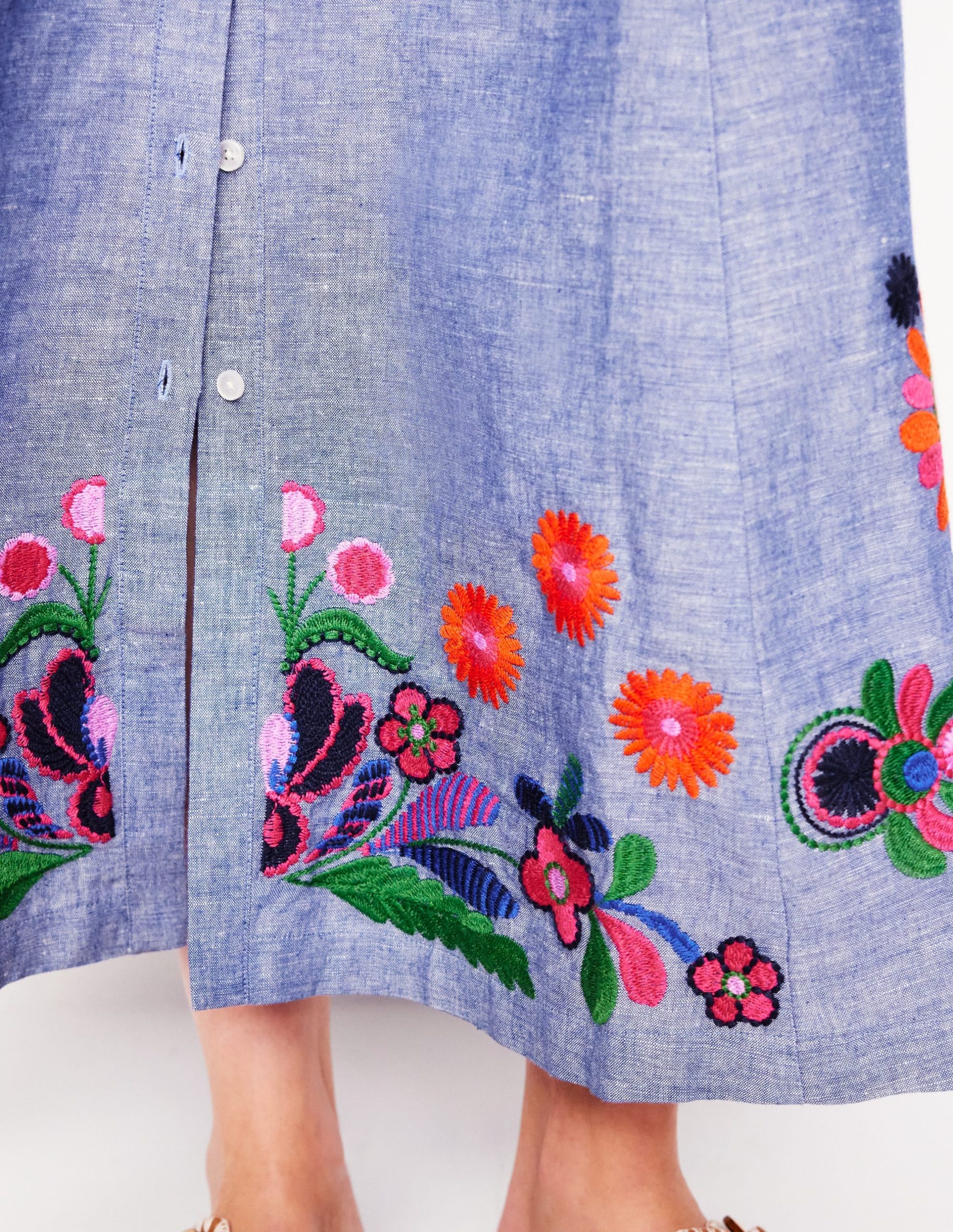 Clara Linen Blend Shirt Dress-Blue Chambray. Embroidered - Image 6