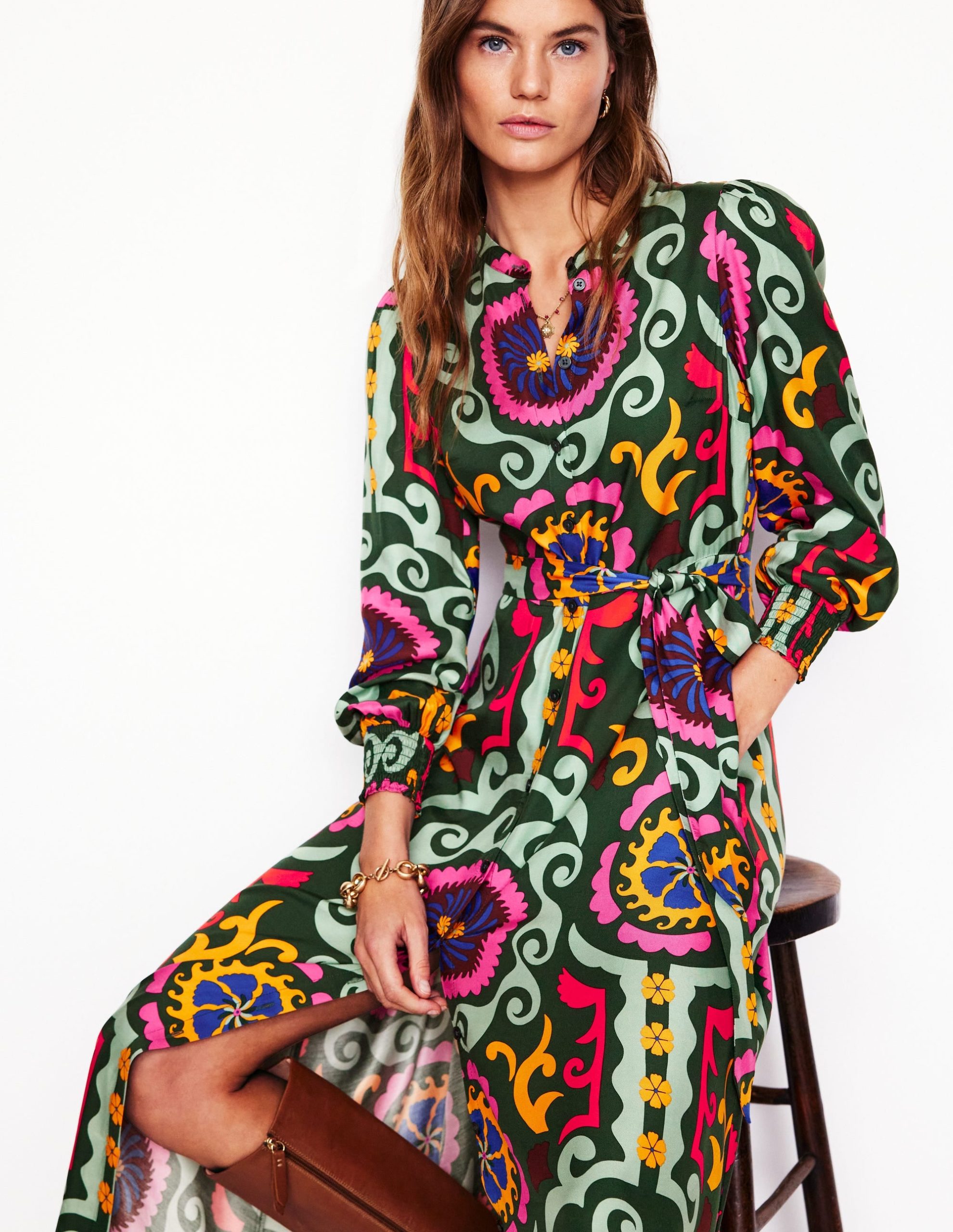 Ruby Collarless Shirt Dress-Green. Ornamental Wave