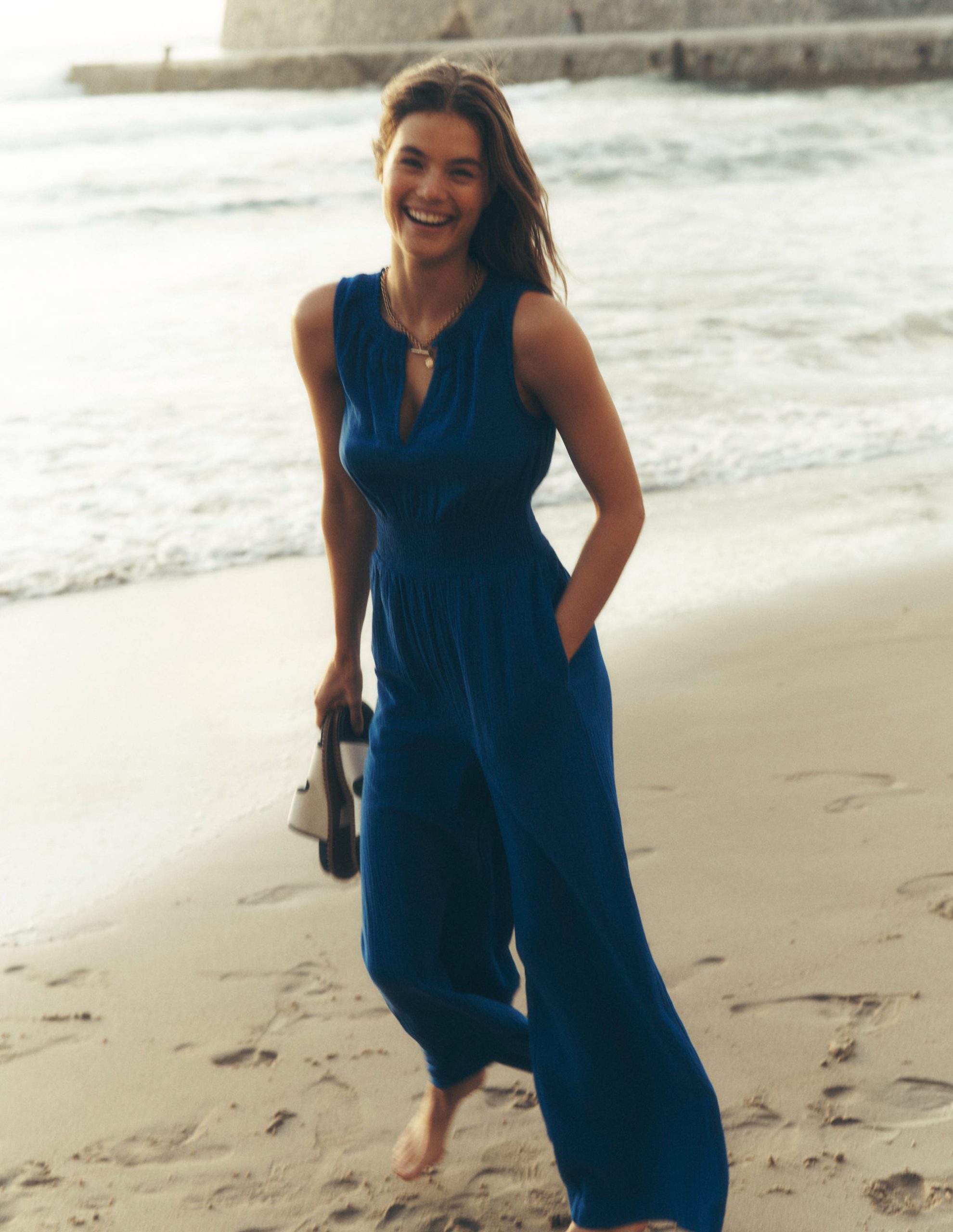 Smocked Double Cloth Jumpsuit-Bright Blue - Image 5