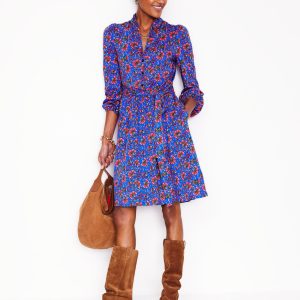 Willow Ruffle Neck Shirt Dress-Gallery Blue. Decorative Vine