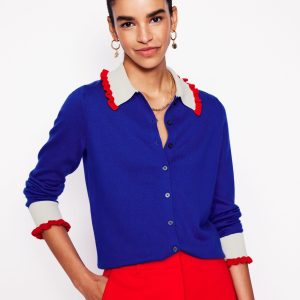 Frilled Cotton Blend Cardigan-Bright Blue