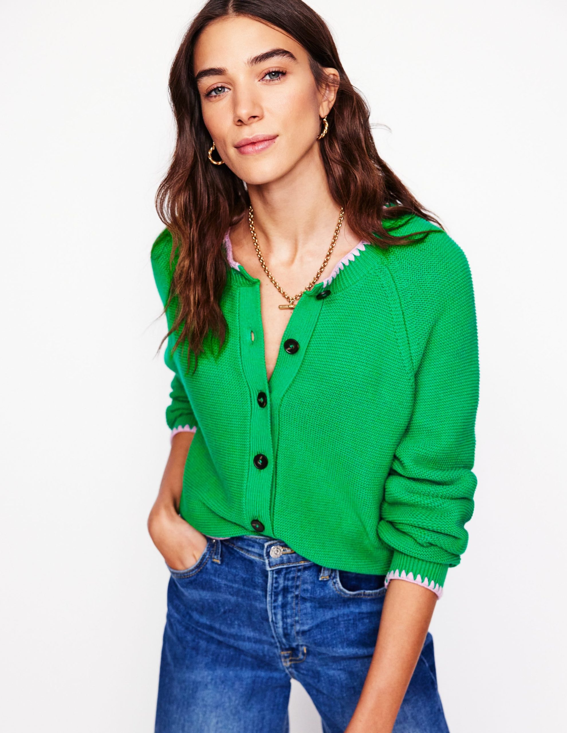 Lena Stitch Detail Cardigan-Rich Emerald - Image 4