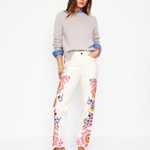 High Rise Embroidered Jeans-White Embroidery
