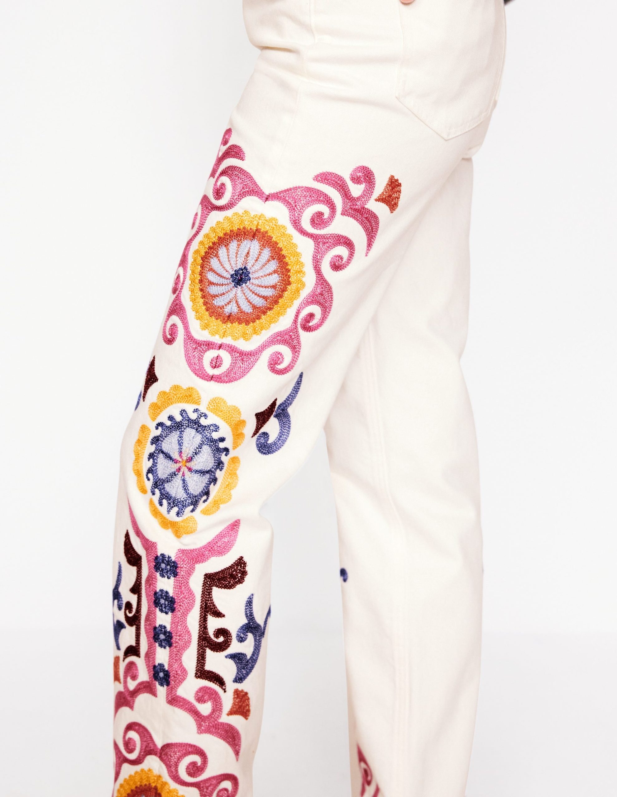 High Rise Embroidered Jeans-White Embroidery - Image 3