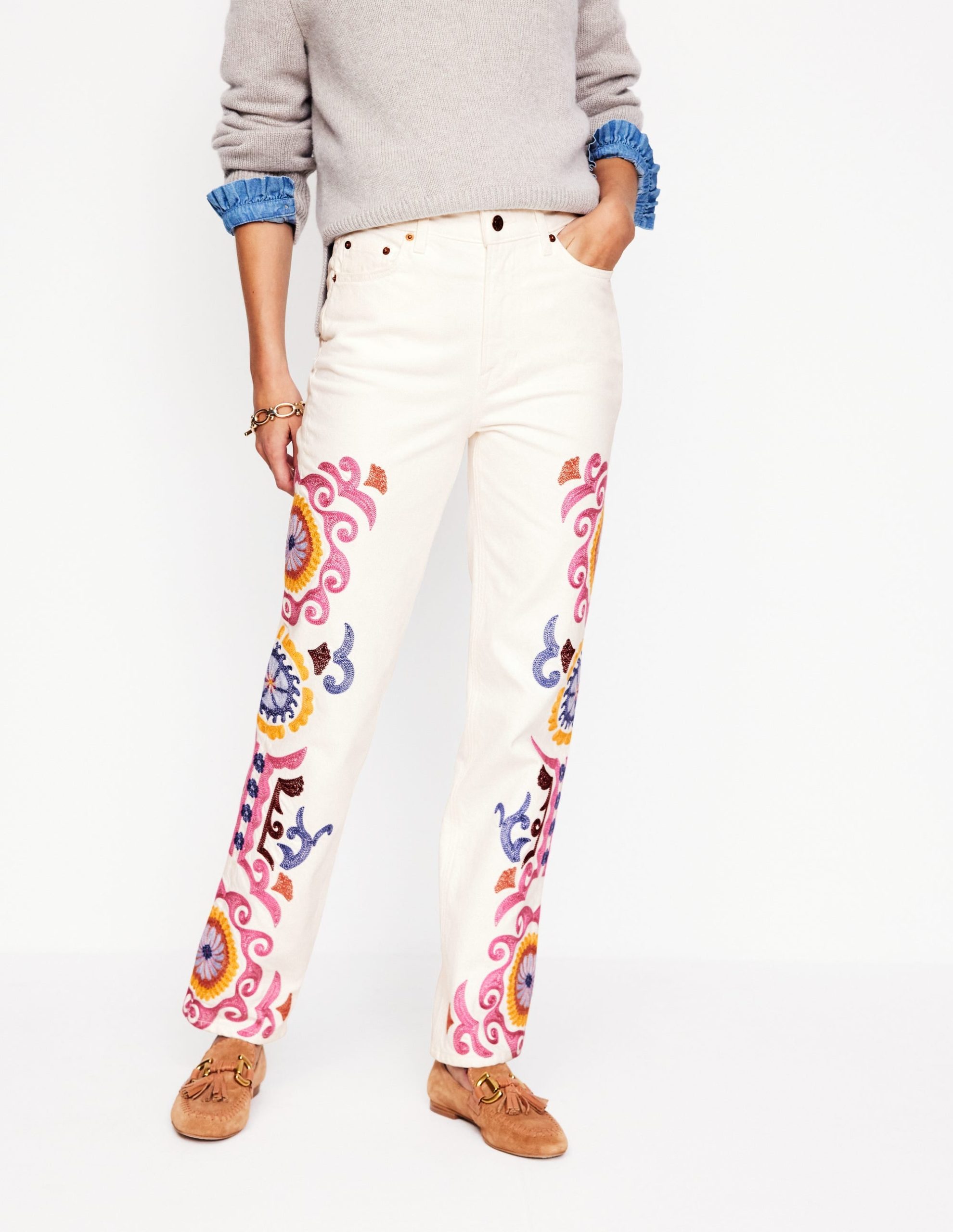 High Rise Embroidered Jeans-White Embroidery - Image 5