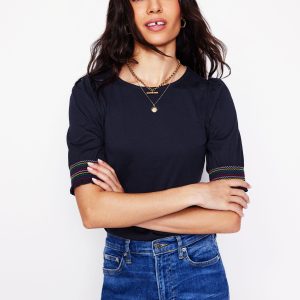 Cotton Smocked Cuff Top-Navy