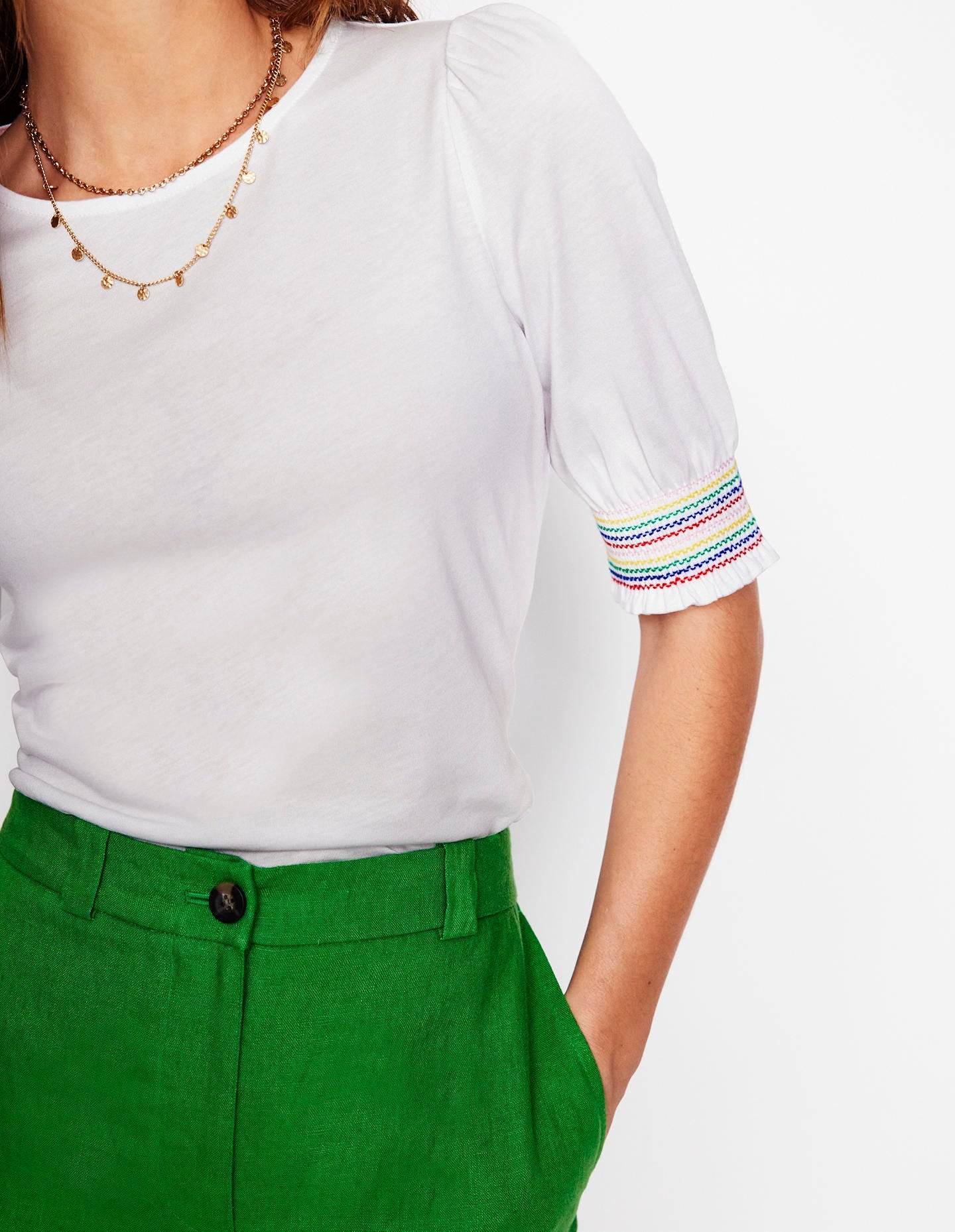 Short Sleeve Smocked Cuff Top-White - Image 2