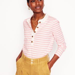 Frill Neck Breton Top-Ivory. Quartz Pink Stripe