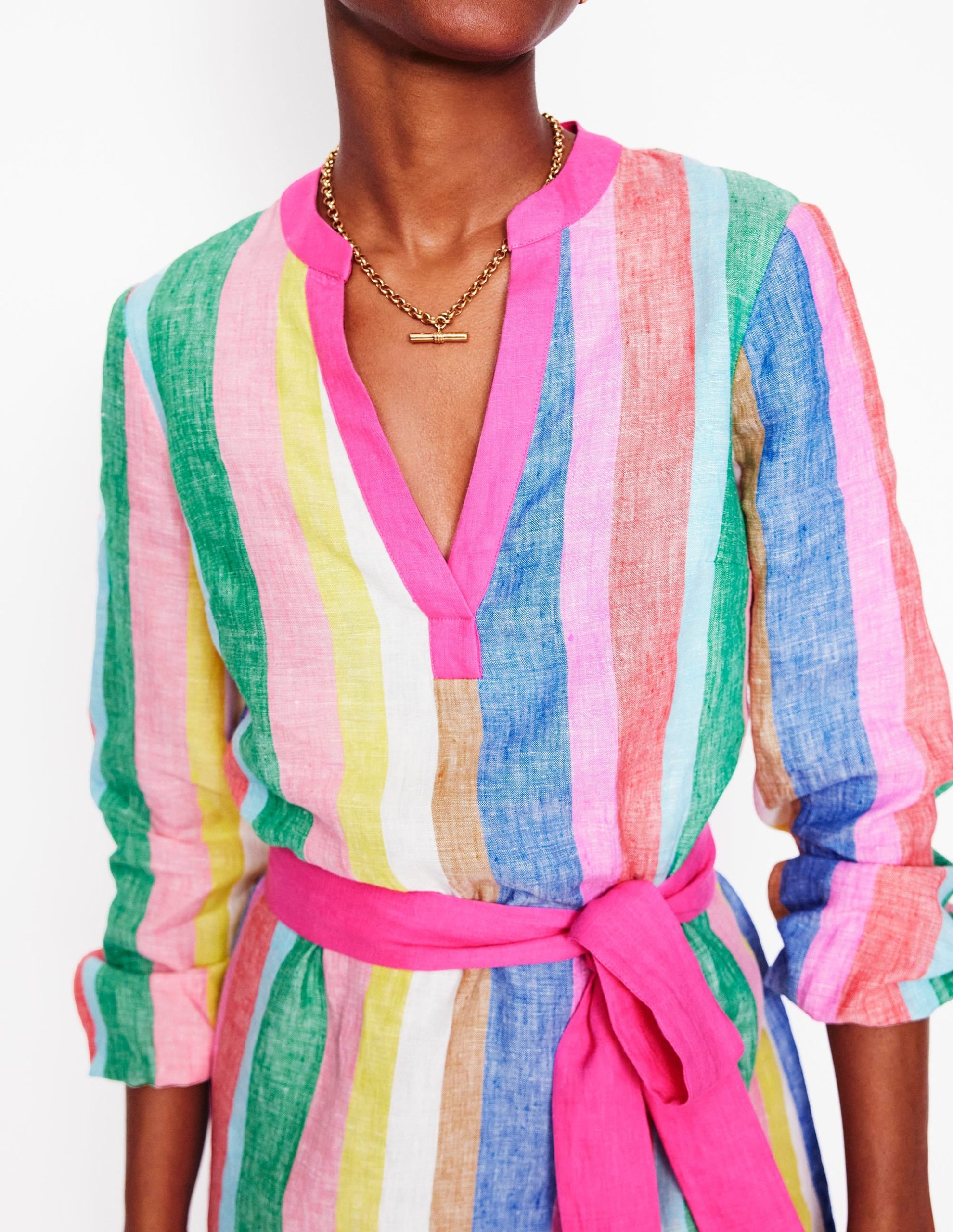 Cleo Linen Tie Waist Dress-Bright Rainbow Stripe - Image 2