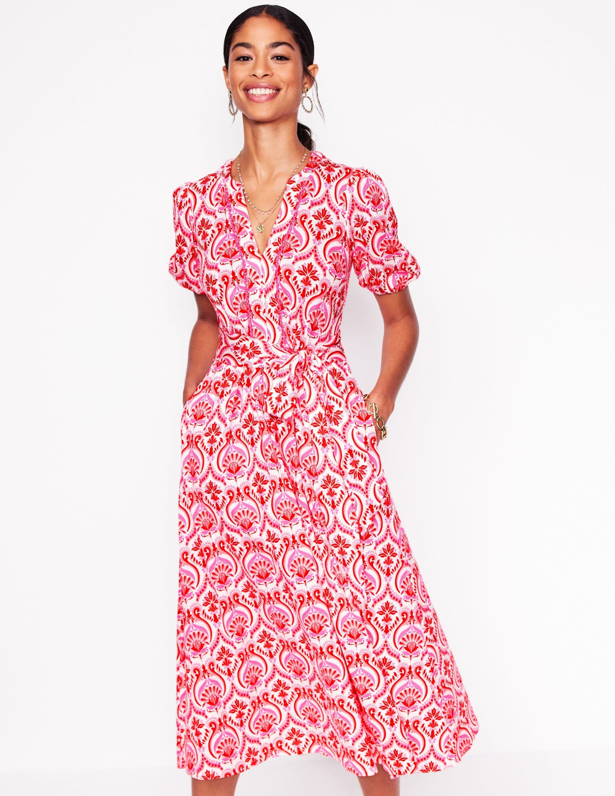 Sofia Trim Jersey Midi Dress-Poppy Red. Ornamental Floral