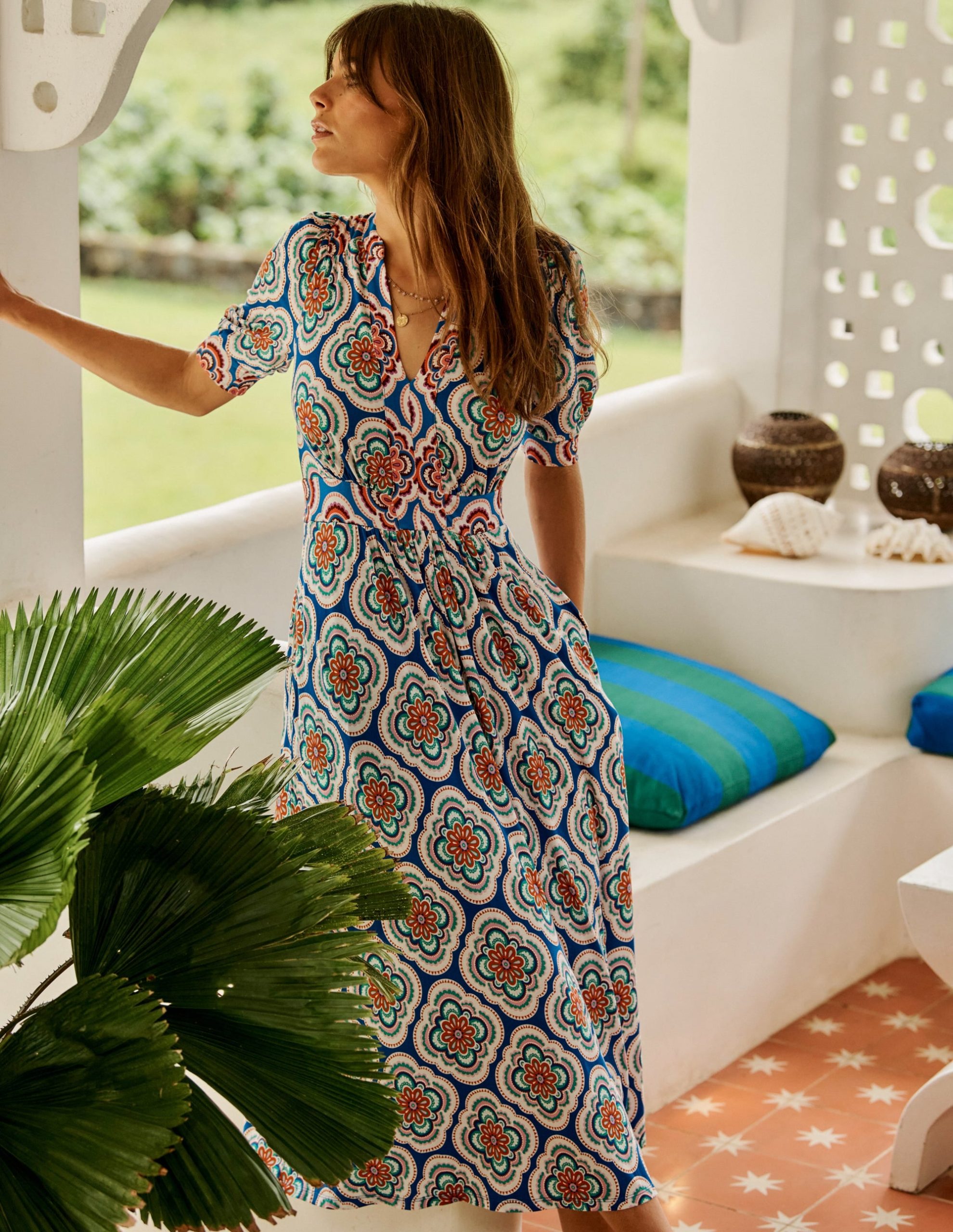 Lily Jersey Midi Tea Dress-Bright Blue. Botanic Blush - Image 5