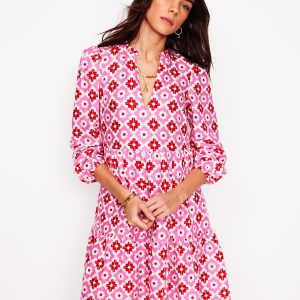 Esme Linen Mini Dress-Pink Power. Geometric Stamp
