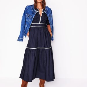 Rhea Embroidered Midi Dress-Navy