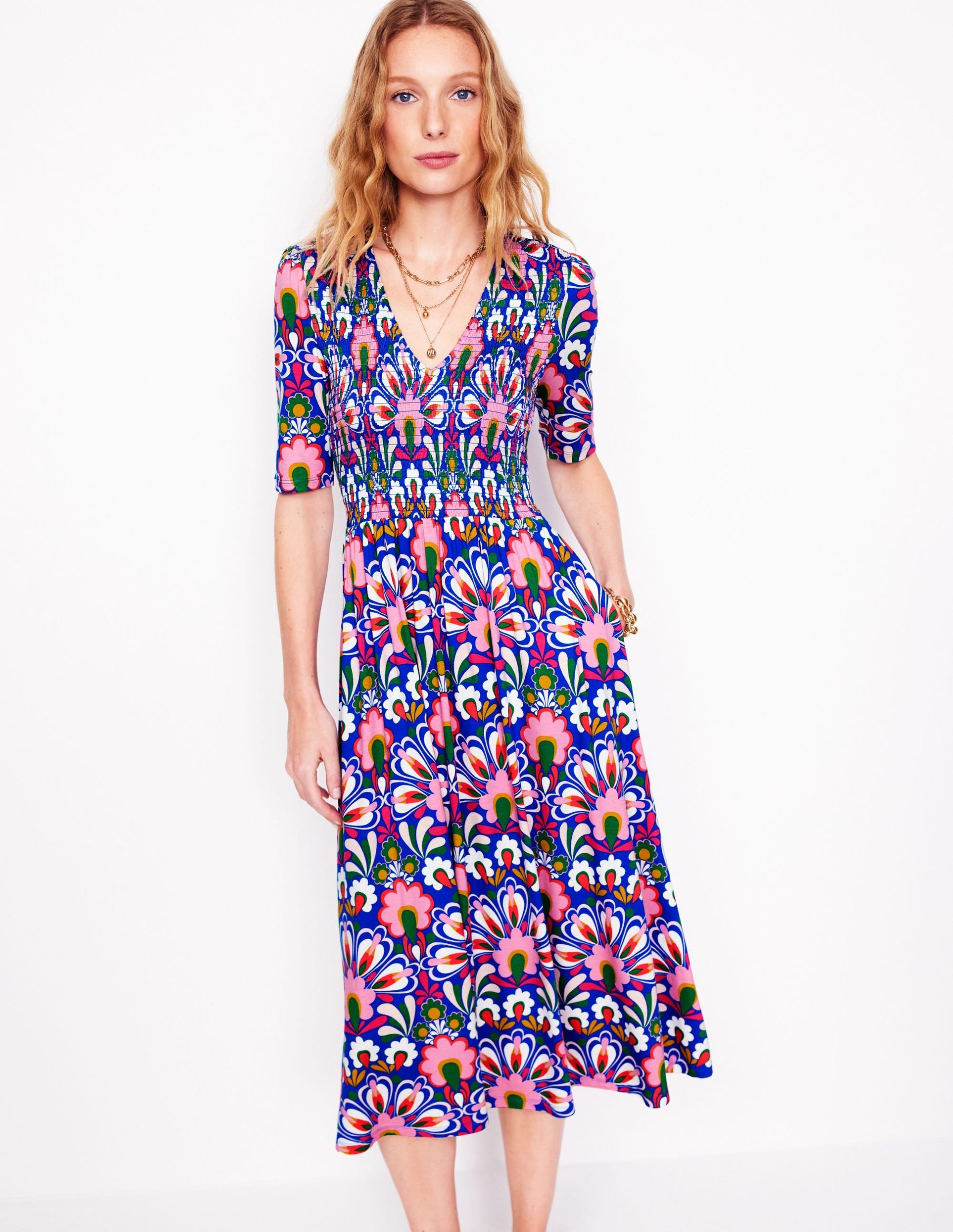 Bethany Smocked Jersey Dress-Gallery Blue. Dandelion