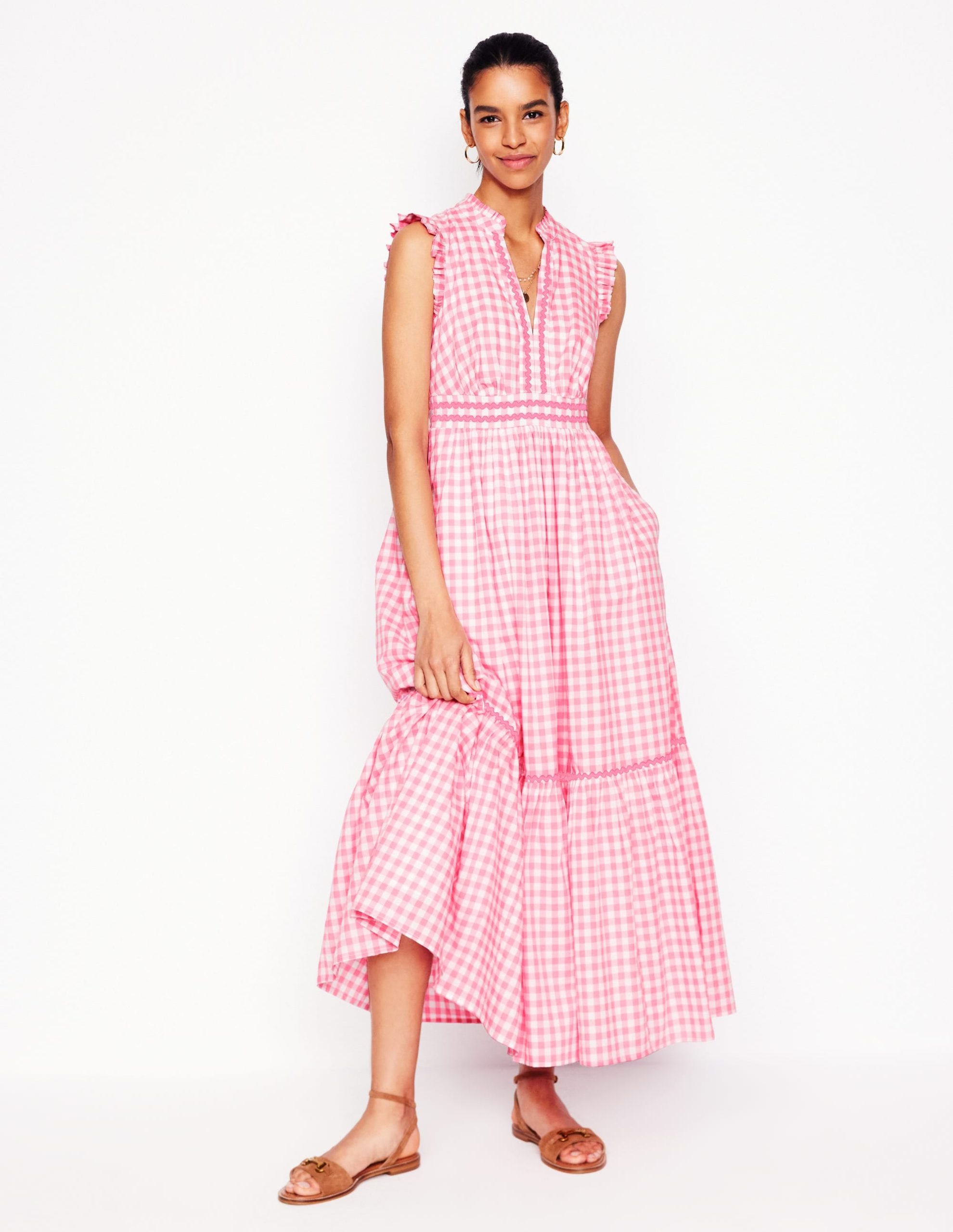 Wren Tiered Midi Dress-Salmon Pink Gingham - Image 4