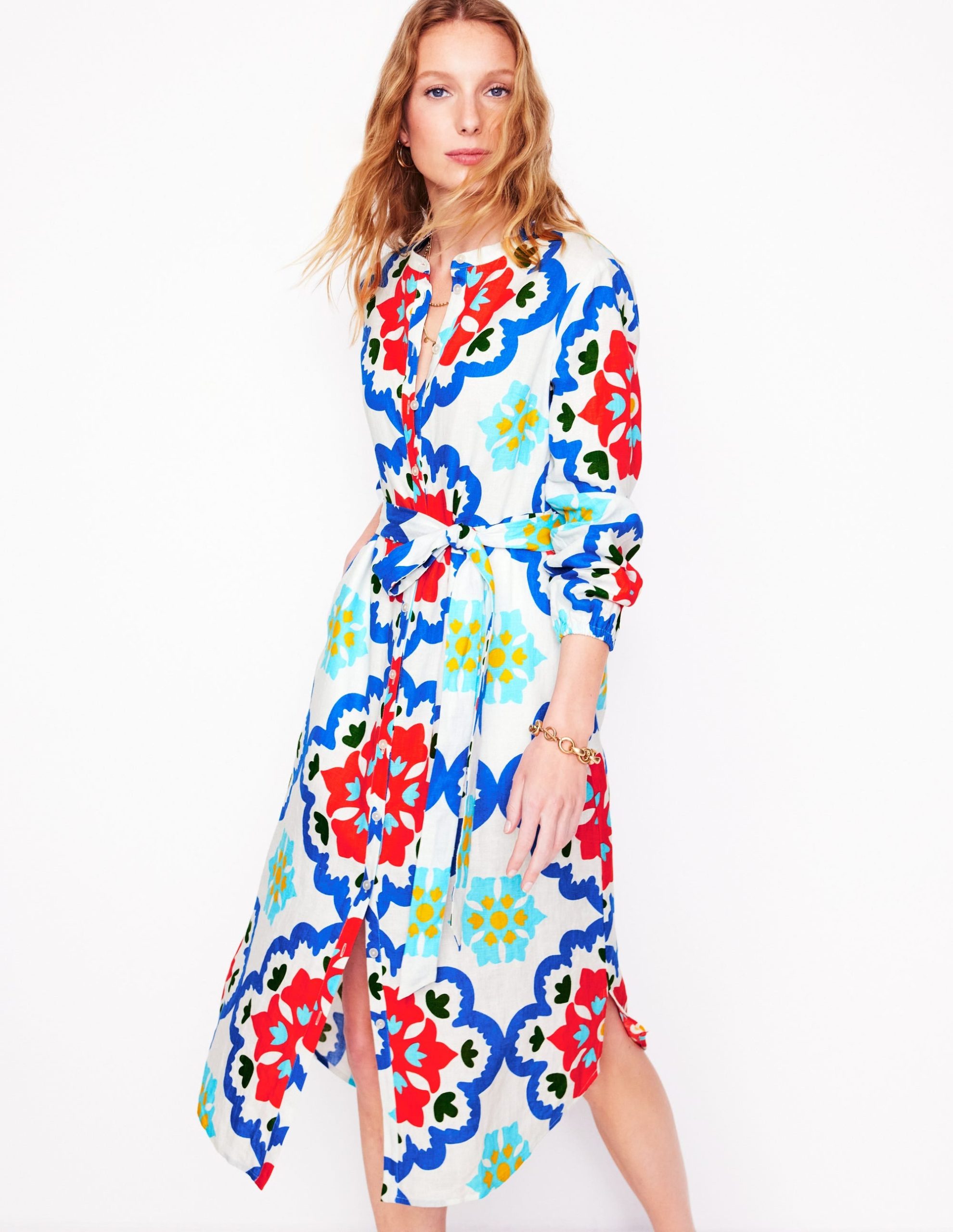 Straight Linen Shirt Dress-Ivory. Bloom Geo