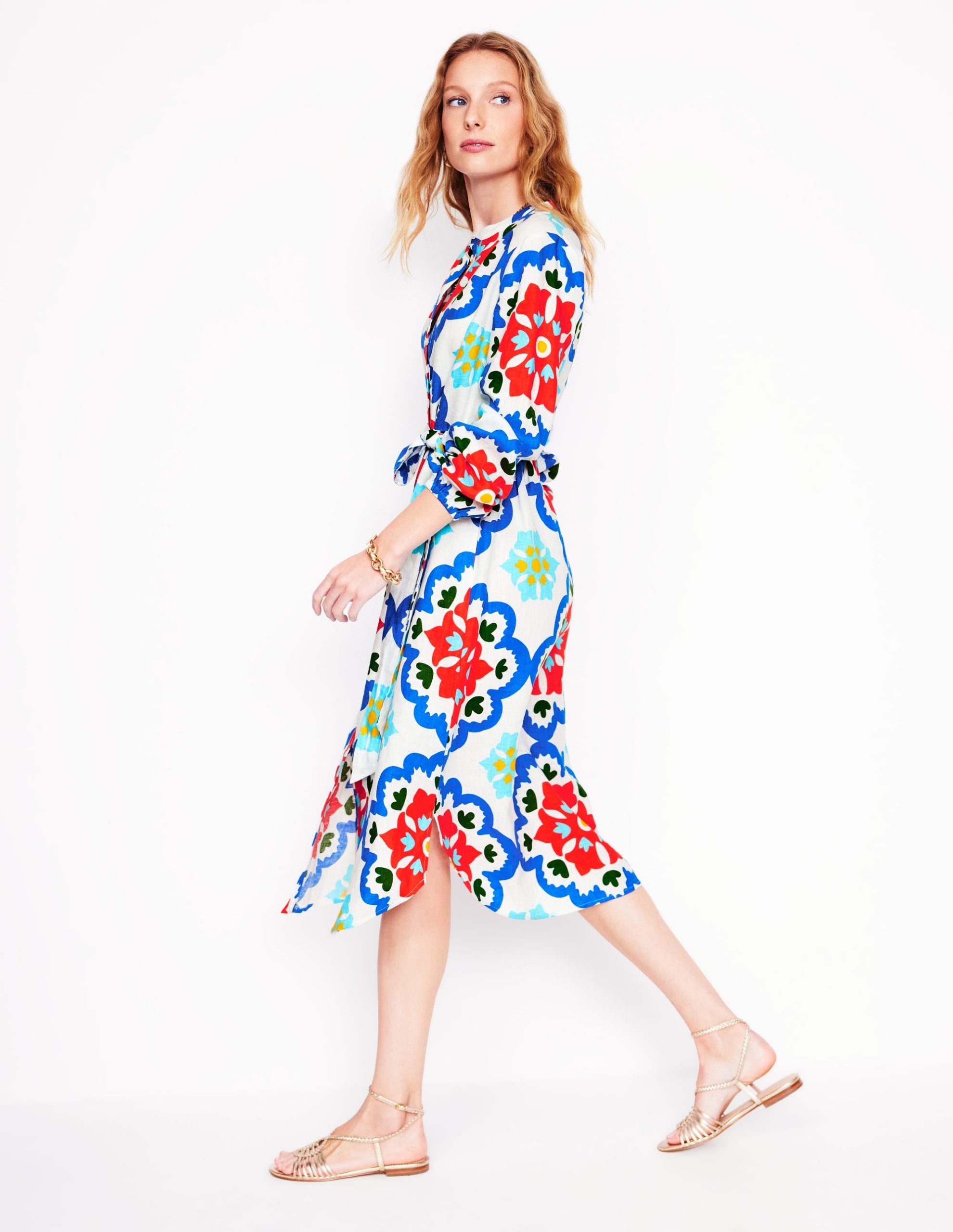 Straight Linen Shirt Dress-Ivory. Bloom Geo - Image 5