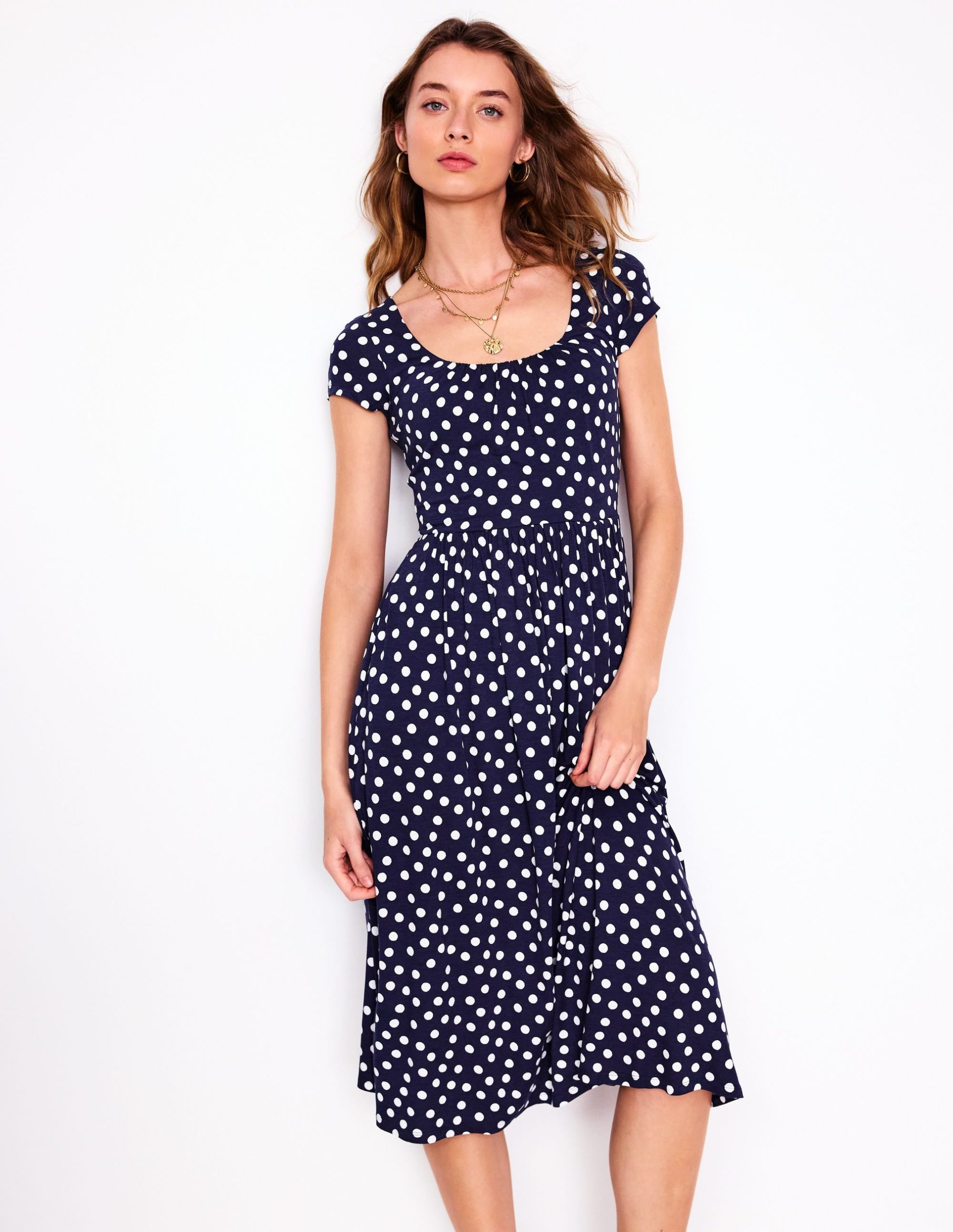 Samantha Scoop Jersey Dress-French Navy. Painted Dot