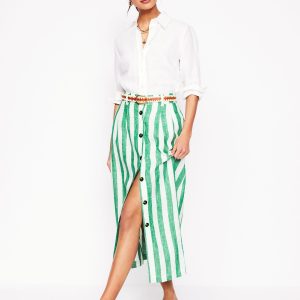 Thomasina Linen Midi Skirt-Rich Emerald Stripe